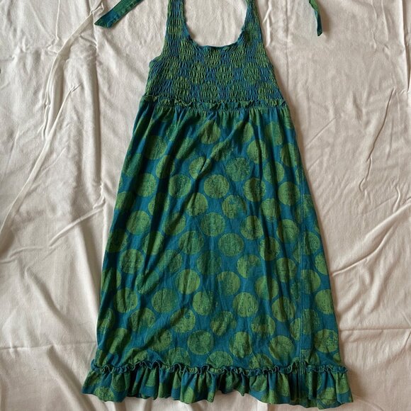 Green and Blue Polka Dot Halter Dress with Shirring Top and Ruffle Detailing - Picture 7 of 12